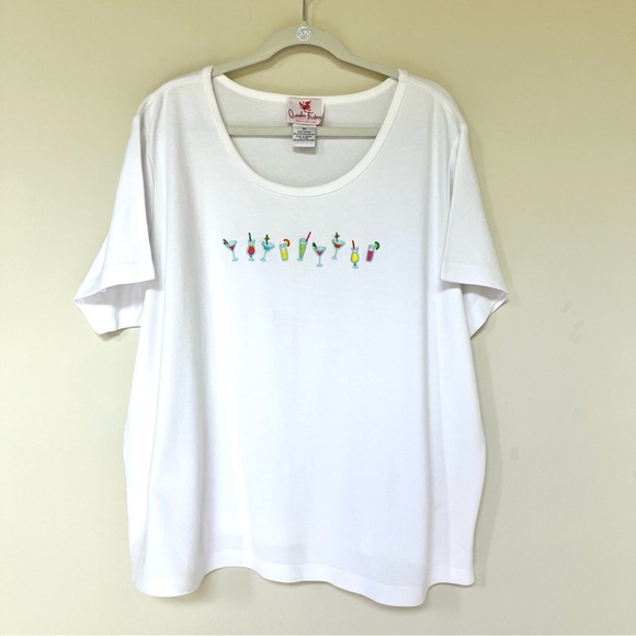 Quacker Factory ~ White Tee with Embroidered Cocktails ~ Size: 2X - Picture 1 of 7